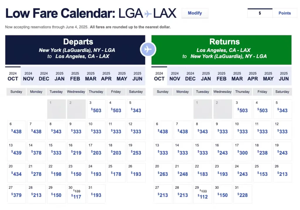 Southwest Low Fare Calendar